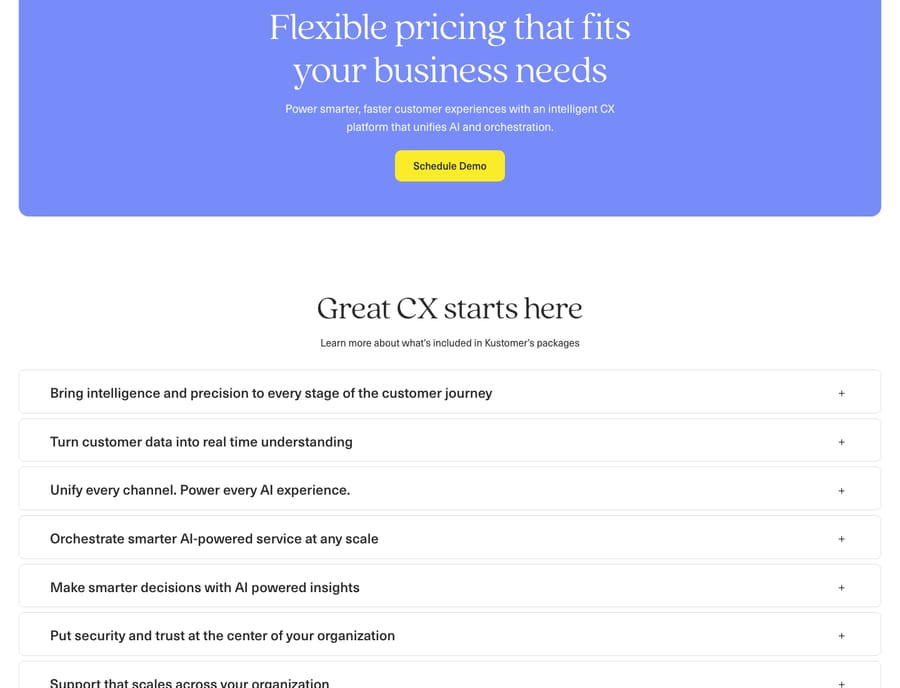 Kustomer pricing page (kustomer.com/pricing) as of capture: demo-gated 'Flexible pricing that fits your business needs' hero with Schedule Demo and expandable package FAQ; NO public per-seat price tiers published.