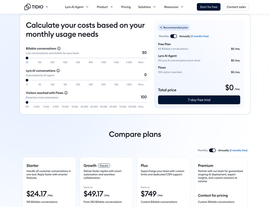 Tidio pricing page (tidio.com/pricing) as of capture: usage-based cost calculator plus Compare plans — Starter $24.17, Growth $49.17, Plus $749, Premium (custom) per month billed annually.