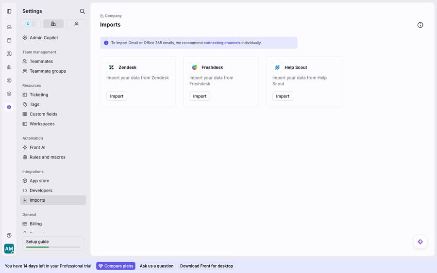 First-hand: Front's native Imports settings (Company → Imports) offering built-in importers for Zendesk, Freshdesk, and Help Scout — the self-serve path for a Zendesk → Front migration. Live Front demo account, not a third-party tool.