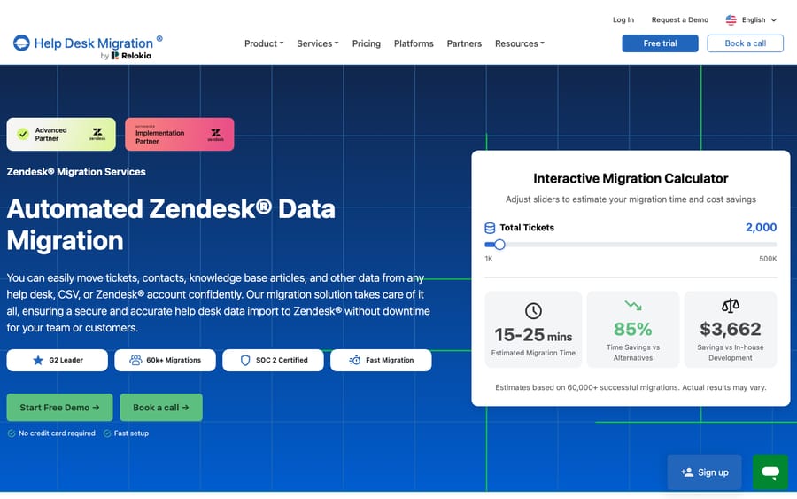 Directional migration-tool page: Help Desk Migration's Automated Zendesk Data Migration page, with its interactive migration calculator (est. tickets, hours, and cost) — the third-party route for moving Front data into Zendesk. Migration-tool marketing page, not a live migration run.