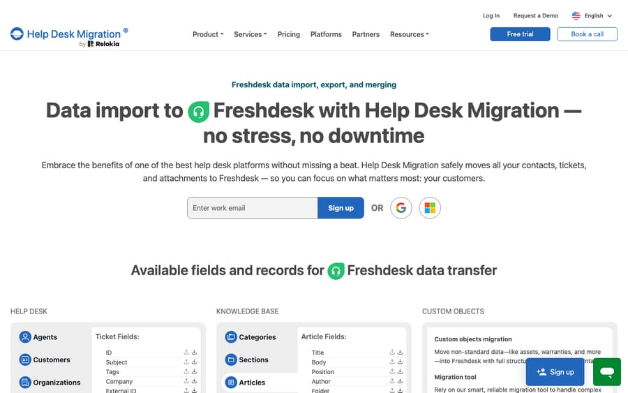 Directional migration-tool page: Help Desk Migration's 'Data import to Freshdesk' page, listing the help desk, knowledge base and custom-object fields it moves into Freshdesk — the third-party route for a Front → Freshdesk migration. Marketing page, not a live migration.