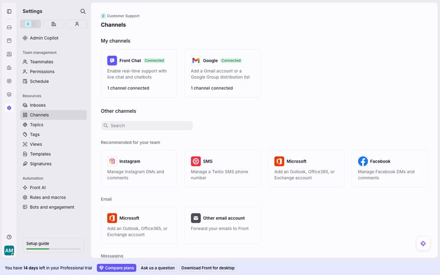 First-hand: Front's Channels settings with Google/Gmail connected ('Add a Gmail account or a Google Group distribution list') alongside Front Chat, Instagram, SMS, Microsoft and other channels — the surface where a team graduates from a shared Gmail inbox into Front. Live Front demo account.
