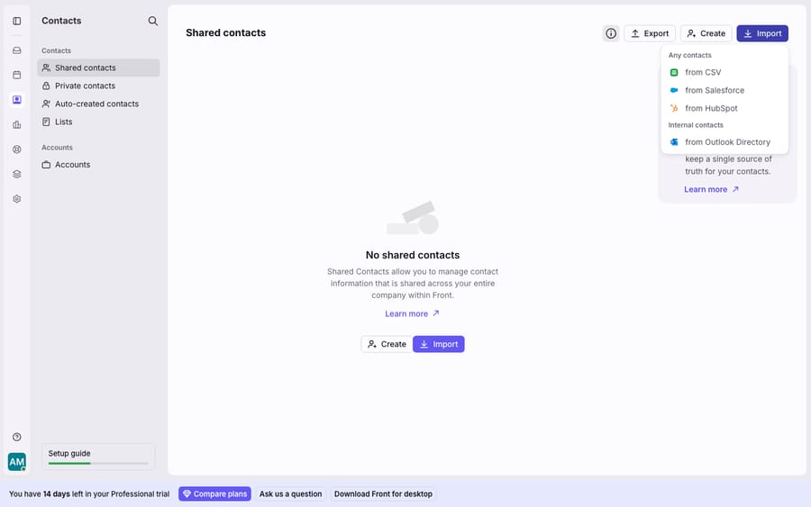 First-hand: Front's contact Import menu, offering imports from CSV, Salesforce, HubSpot and Outlook Directory — the self-serve wizard for bringing contacts into Front (full ticket/conversation imports use the separate Company → Imports connectors). Live Front demo account.