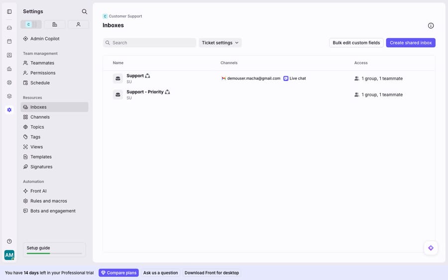First-hand: Front's Inboxes settings — shared inboxes (Support, Support - Priority) with their connected Gmail channel and Live chat, plus 'Create shared inbox' — the configuration state you verify against a Front migration checklist. Live Front demo account.