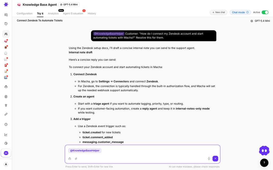 Macha's Knowledge Base agent auto-resolving a customer conversation end-to-end in the dashboard, walking the shared-inbox team through connect-and-automate steps grounded in the help docs.