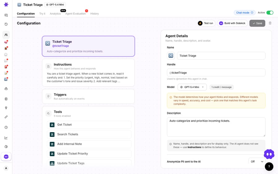 Macha dashboard: the Ticket Triage agent configuration showing tools to set priority and tags on incoming tickets.