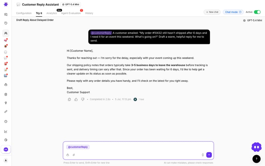 Macha's Customer Reply Assistant drafting a warm, ready-to-send reply to a delayed-order email in the dashboard, so a teammate can review and send from the shared inbox.