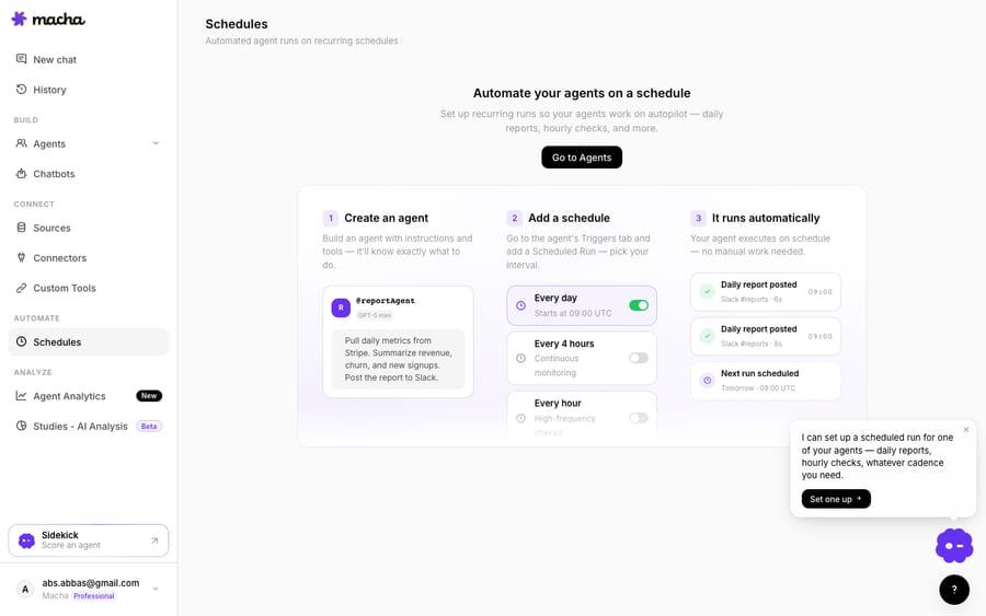 Macha's Schedules view: recurring, triggered agent runs (every day / every 4 hours / every hour) for automated follow-ups and checks, with a next-run scheduled indicator.