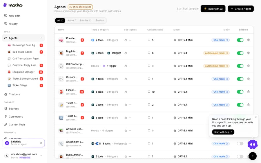 Macha's Agents list (20 of 25 used) showing the library of shared-inbox automations - Knowledge Base, Bug Intake, Customer Reply Assistant, Escalation Manager, Ticket Triage - each with its tools, triggers, model, and mode.