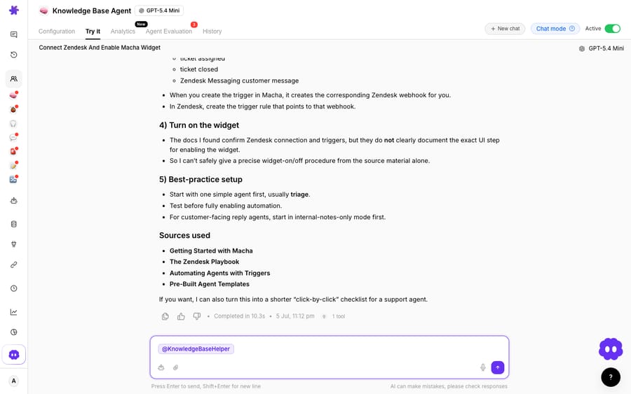 A Macha agent delivering a knowledge-base-grounded resolution with an explicit 'Sources used' list (Getting Started with Macha, The Zendesk Playbook, and more), completed in 10.3s - grounded answers as an AI Answers alternative.