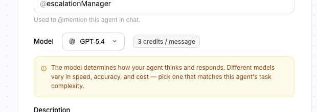 Macha's per-action pricing close-up: an agent priced at '3 credits / message', so you pay per AI action taken rather than per seat or per resolution.