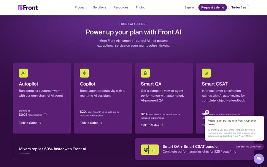 Front pricing page: Front AI add-ons section showing Autopilot and Copilot add-on pricing. Front's AI add-on pricing ("Power up your plan with Front AI"): Autopilot from $0.05/conversation and Copilot at $20/seat/month, layered on top of the per-seat plans — the AI capability sold as add-ons.