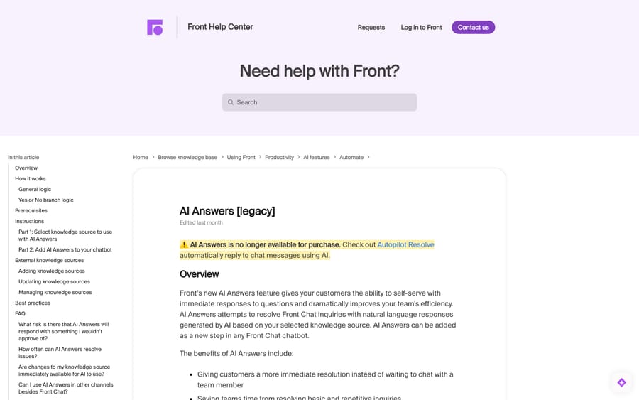 Front's own help center marks AI Answers as legacy with a notice: 'AI Answers is no longer available for purchase. Check out Autopilot...' - the deprecation that leaves teams looking for an alternative.