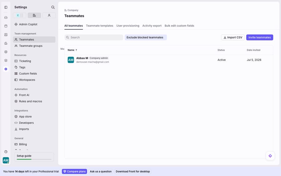 Front's Teammates settings - the per-seat roster that drives the bill. A one-person team here (one Active 'Company admin' seat) with Invite teammates / Import CSV controls; because Front charges per seat, this is the surface that decides a small team's monthly cost.