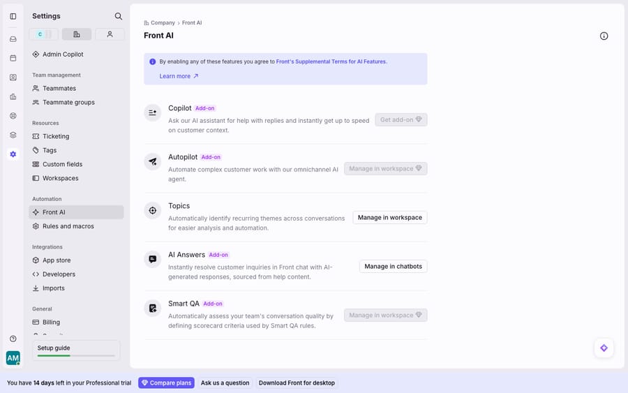 Front's native Front AI settings: Copilot, Autopilot, Topics, AI Answers and Smart QA. Several are paid Add-ons on this Professional trial (Copilot shows 'Get add-on'; Autopilot/Smart QA show 'Manage in workspace'), so this is the honest as-configured AI surface being reviewed.