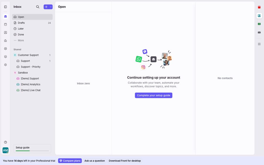 The redesigned 'New Front' interface: the left rail of shared and personal inboxes (Open / Drafts / Later / Done, plus Customer Support and Sandbox teams), an 'Inbox zero' conversation pane and a contact panel - the current UI being discussed in the redesign.