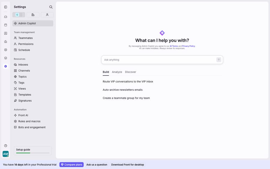 Front's Admin / Settings hub with the Admin Copilot 'What can I help you with?' surface and the full admin nav (Teammates, Permissions, Inboxes, Channels, Rules and macros, Front AI, Billing) - the control center referenced across common-complaints roundups.