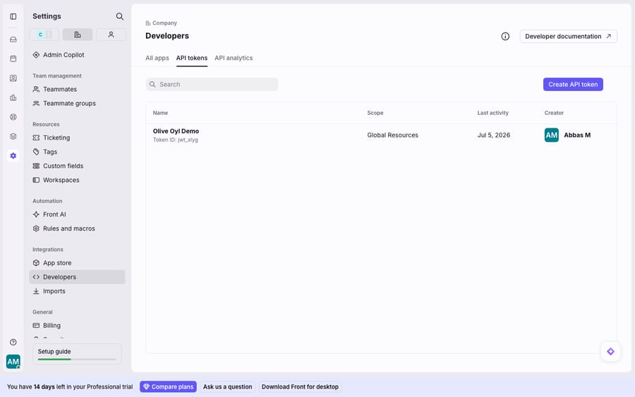 Front Settings -> Company -> Developers -> API tokens tab: the token list with a 'Create API token' button, showing an existing token (name 'Olive Oyl Demo', Token ID jwt_xlyg, scope Global Resources, last activity, creator). Only the token ID is shown - no secret value is exposed.