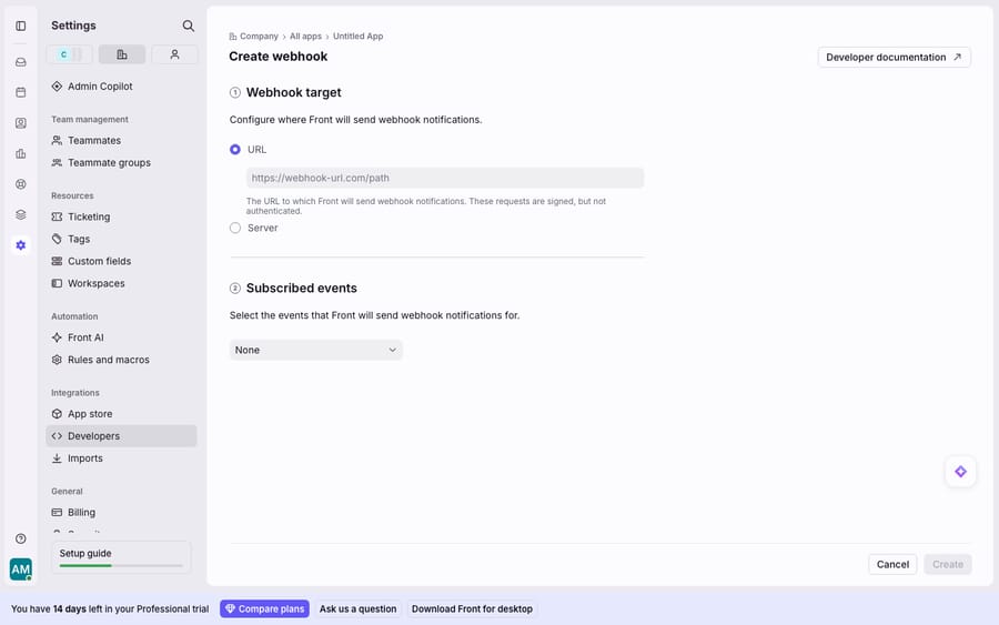 Front's Create webhook configuration surface (Company -> Developers -> app -> Webhook feature): step 1 'Webhook target' with the URL field and the note that requests are signed but not authenticated, and step 2 'Subscribed events' selector.