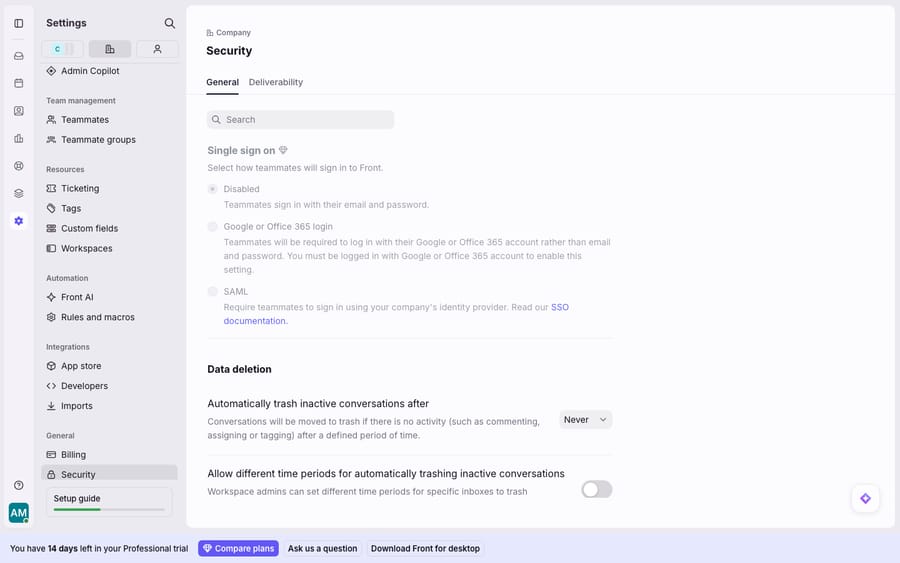 Front Settings -> Company -> Security -> Single sign on: the three sign-in options (Disabled / Google or Office 365 login / SAML) with the SAML 'Require teammates to sign in using your company's identity provider' description and the SSO documentation link. SSO is currently Disabled on this trial.