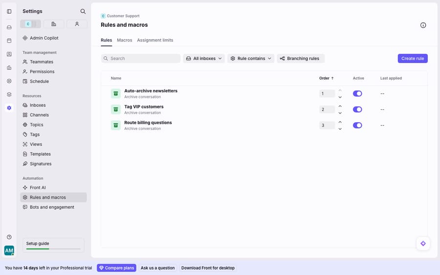 Front Settings -> Rules and macros, with the Rules / Macros / Assignment limits tabs, showing a live rules list (Auto-archive newsletters, Tag VIP customers, Route billing questions) each with order, an active toggle and last-applied - the automation surface that distinguishes rules and macros from sequences and templates.