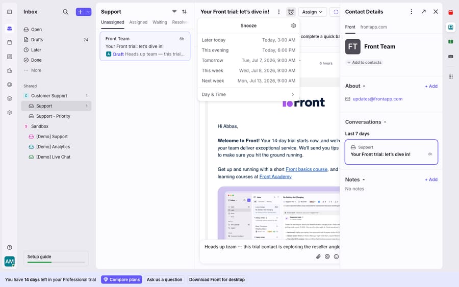 Front's Snooze / follow-up reminder menu open on a conversation, offering Later today, This evening, Tomorrow, This week, Next week and a custom 'Day & Time' - the follow-up system that resurfaces a conversation at a chosen time.