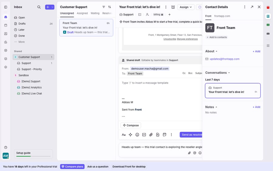 A Front conversation with the reply composer open, showing the collaboration/presence surface: a 'Shared draft - Editable by teammates in Support' indicator - the exact place Front surfaces real-time collision detection. On this single-seat Pro trial no live 'another teammate is viewing/replying' badge appears because collision detection needs 2+ teammates; this is honestly the presence UI, not a live collision.
