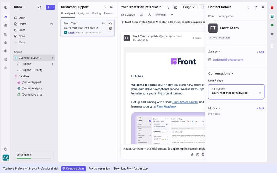 Front's inbox with multiple shared team inboxes in the sidebar (Customer Support, Support, Support - Priority, Sandbox, plus [Demo] Support / Analytics / Live Chat), an open conversation, and the Contact Details panel - illustrating how different teams (sales, support, logistics) each get their own shared inbox on one platform.