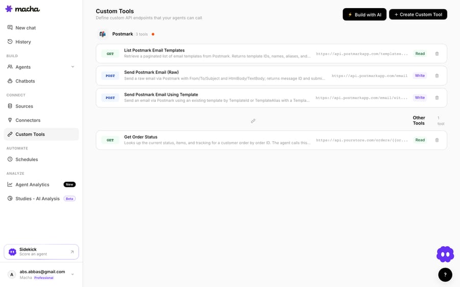 A Custom Tools list in Macha showing tools grouped by service: Postmark (List Email Templates — GET/Read; Send Email Raw and Send Email Using Template — POST/Write) and a generic "Get Order Status" tool (GET/Read), each with its own API endpoint.