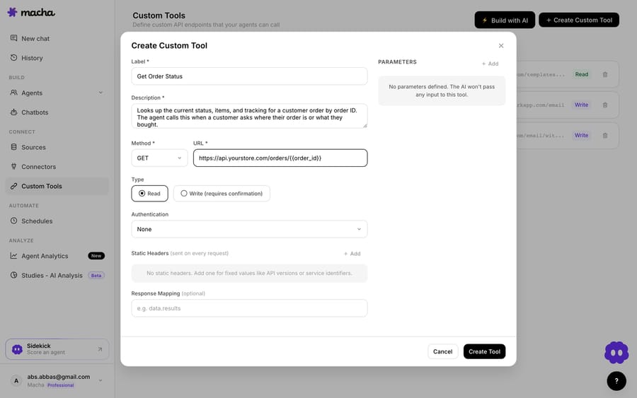 The Create Custom Tool builder in Macha, filled with an example: label "Get Order Status", a description the AI uses to decide when to call it, method GET, URL https://api.yourstore.com/orders/{{order_id}}, and Type set to Read. Authentication, static headers, and response mapping are configured in the same form.