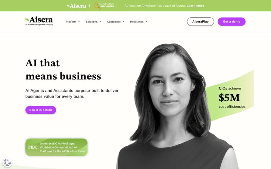 Aisera's homepage, positioning it as an agentic AI platform for enterprise service.