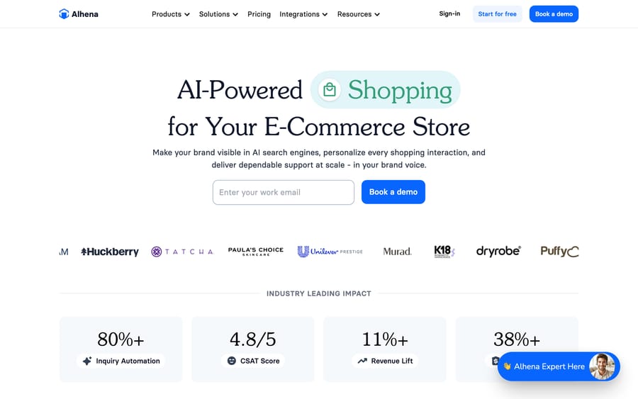 Alhena AI's homepage, aimed at ecommerce customer experience.