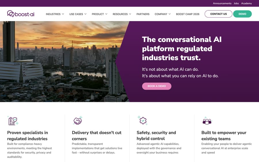 Boost.ai's homepage, positioning it as a conversational-AI platform for enterprise support.
