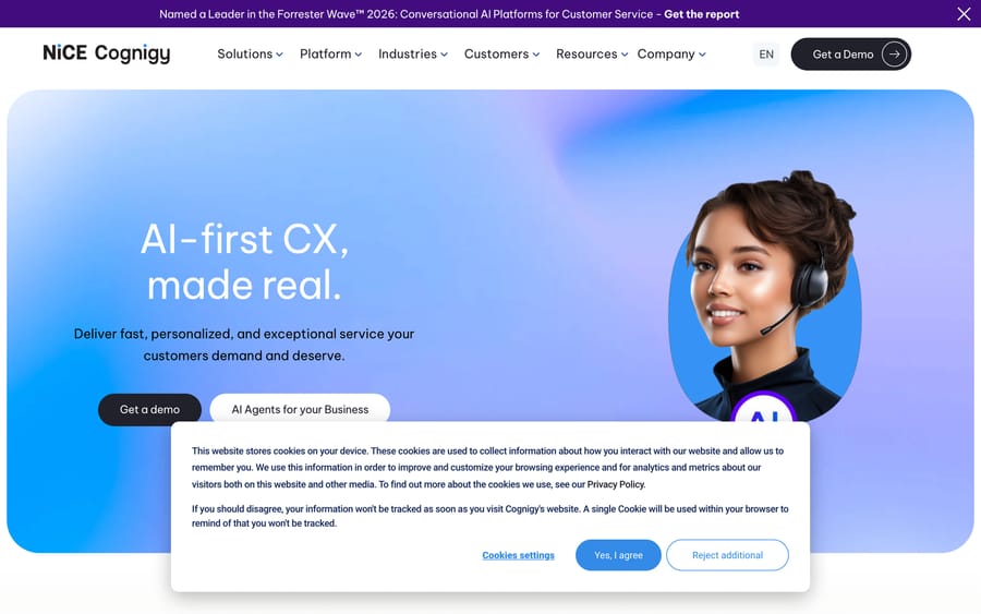 Cognigy's homepage, focused on enterprise conversational and voice AI.