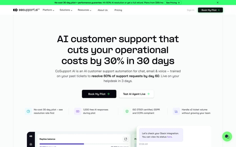 CoSupport AI's homepage, positioning it as AI for customer support teams.