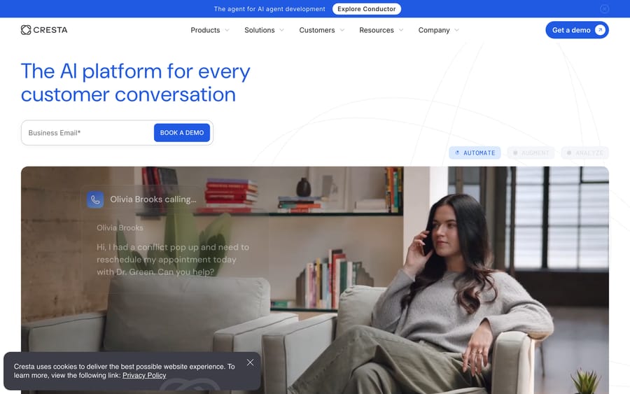 Cresta's homepage, focused on contact-center AI for agents.