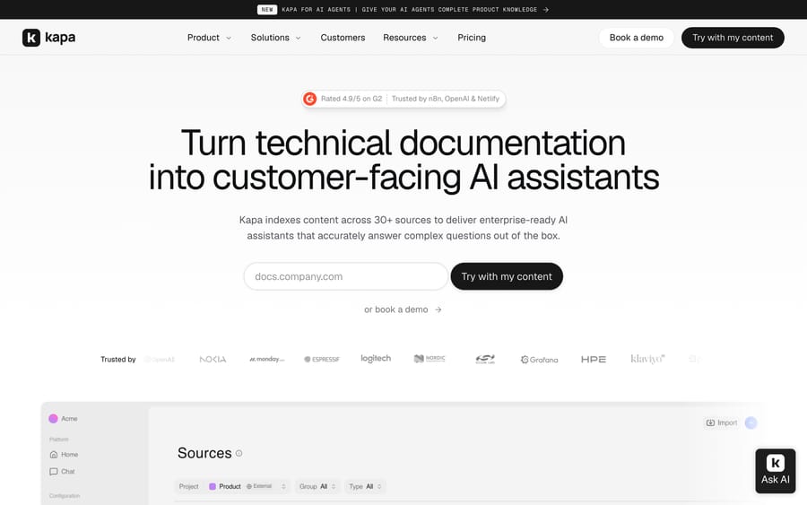 kapa.ai's homepage — turn technical docs into a customer-facing AI assistant.