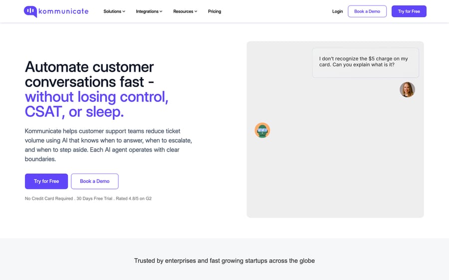 Kommunicate's homepage, focused on automating customer conversations.