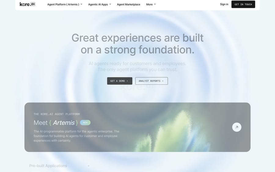 Kore.ai's homepage, positioning it as an enterprise agentic-AI platform.