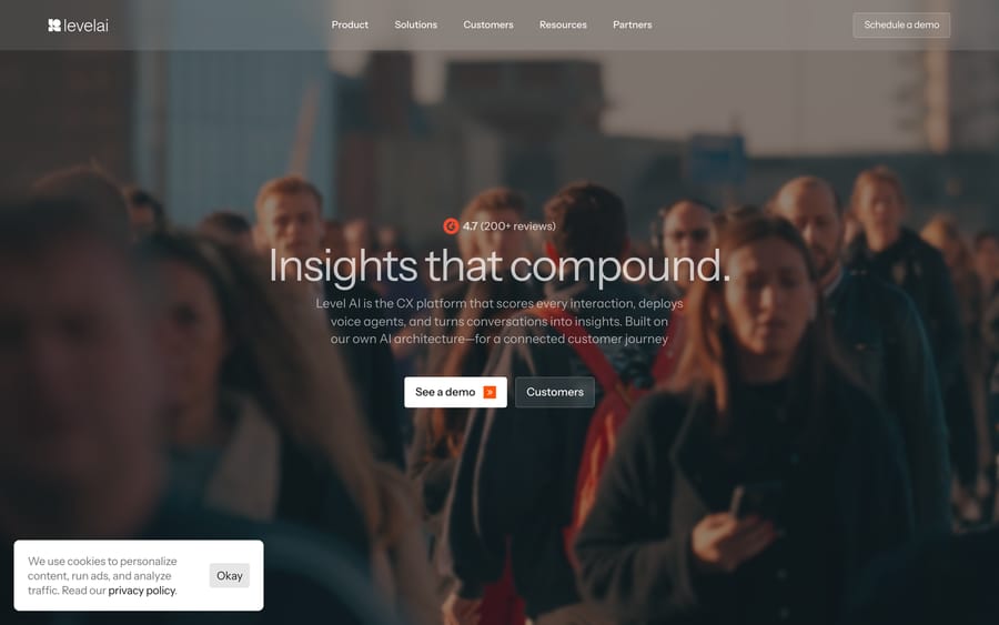 Level AI's homepage, focused on QA and analytics for contact centers.