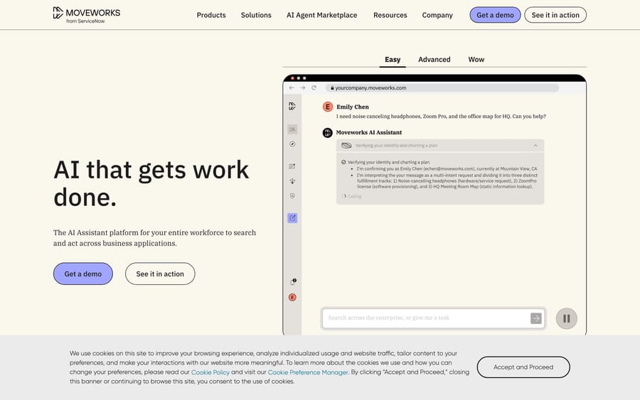 Moveworks' homepage, positioning it as an AI assistant for the enterprise (now part of ServiceNow).