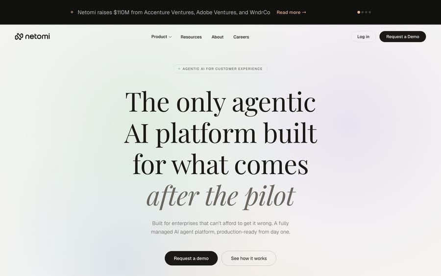 Netomi's homepage, focused on agentic AI for customer experience.