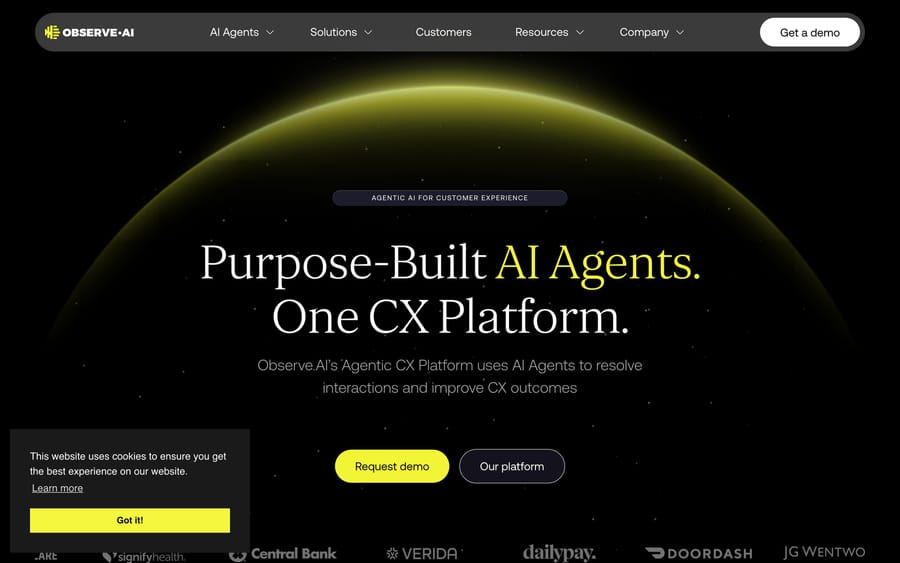 Observe.AI's homepage — a contact-center AI and conversation-intelligence platform.