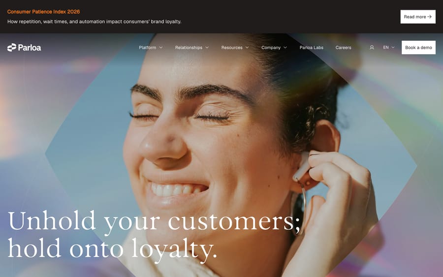 Parloa's homepage, focused on AI for contact-center voice and chat.
