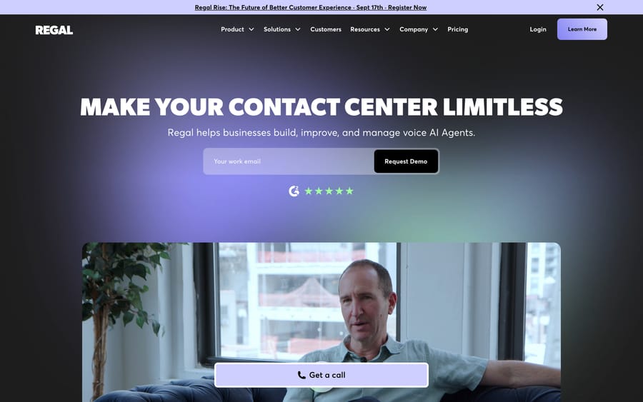 Regal AI's homepage, focused on AI phone/contact-center agents.