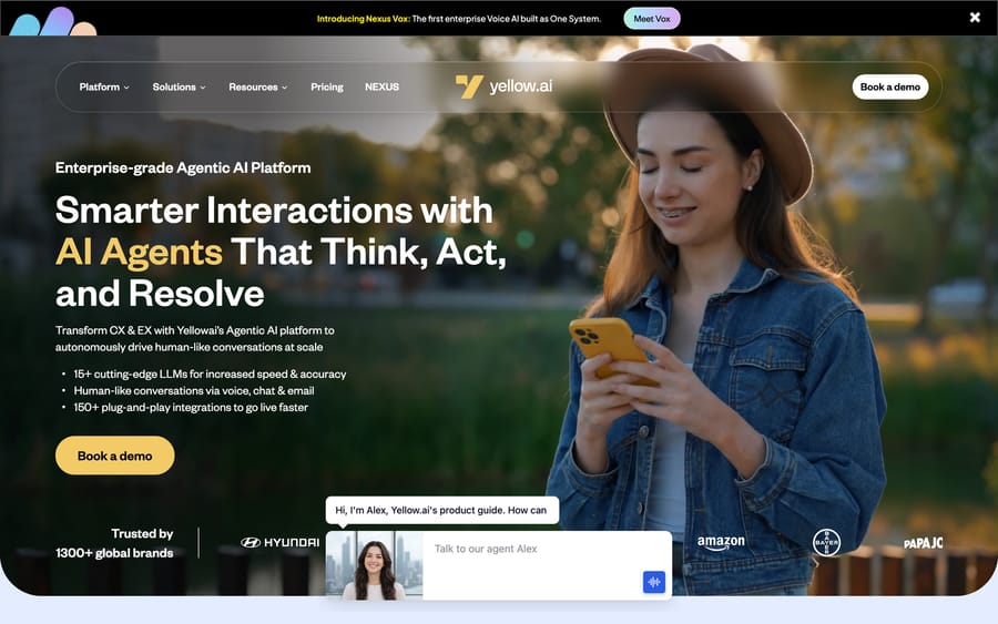 Yellow.ai's homepage — agentic AI for customer service across channels.
