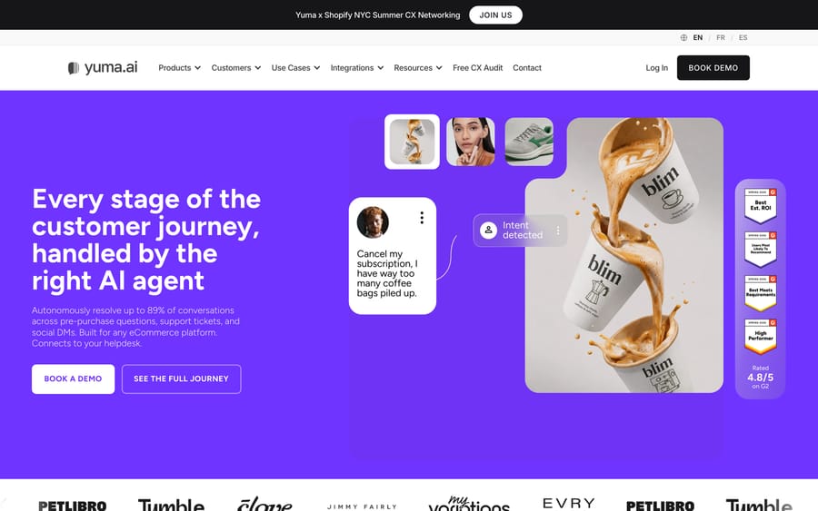 Yuma AI's homepage, focused on AI support for ecommerce (Shopify) brands.