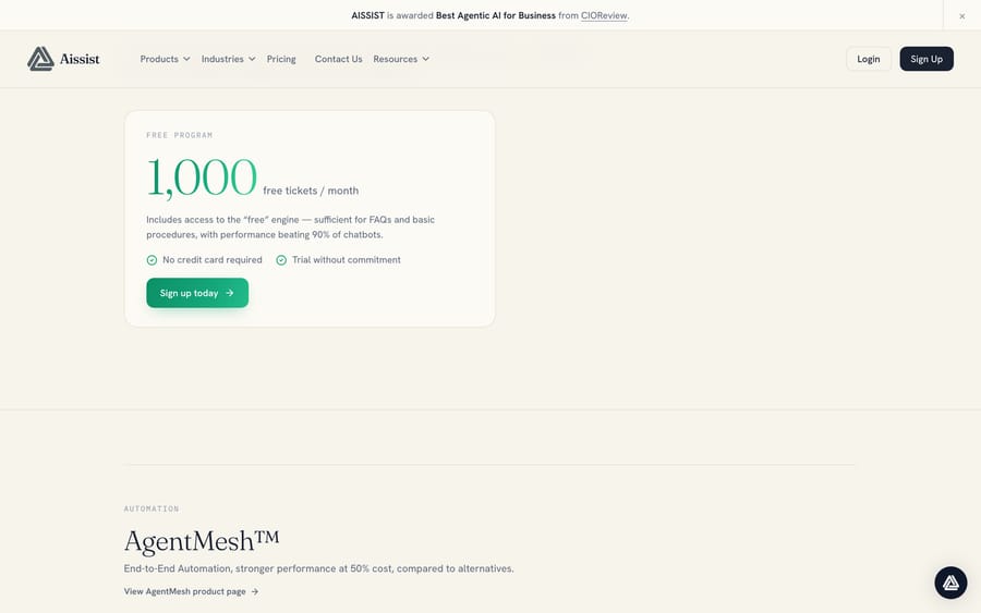 Aissist's pricing page, led by a free 1,000-tickets/month tier.