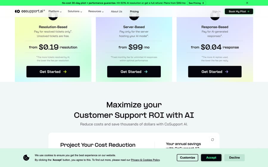 CoSupport AI's pricing page, advertising plans "from $99/month" across its three billing models.