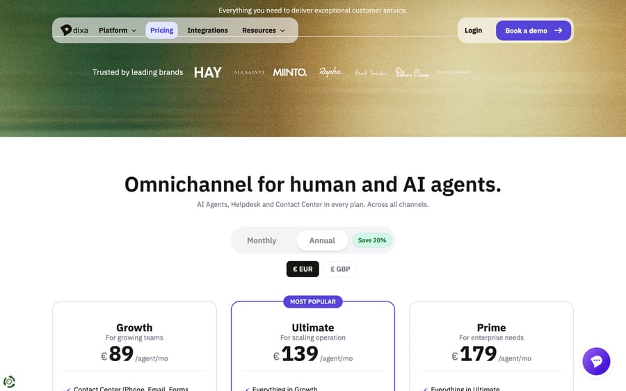 Dixa's published per-agent pricing.